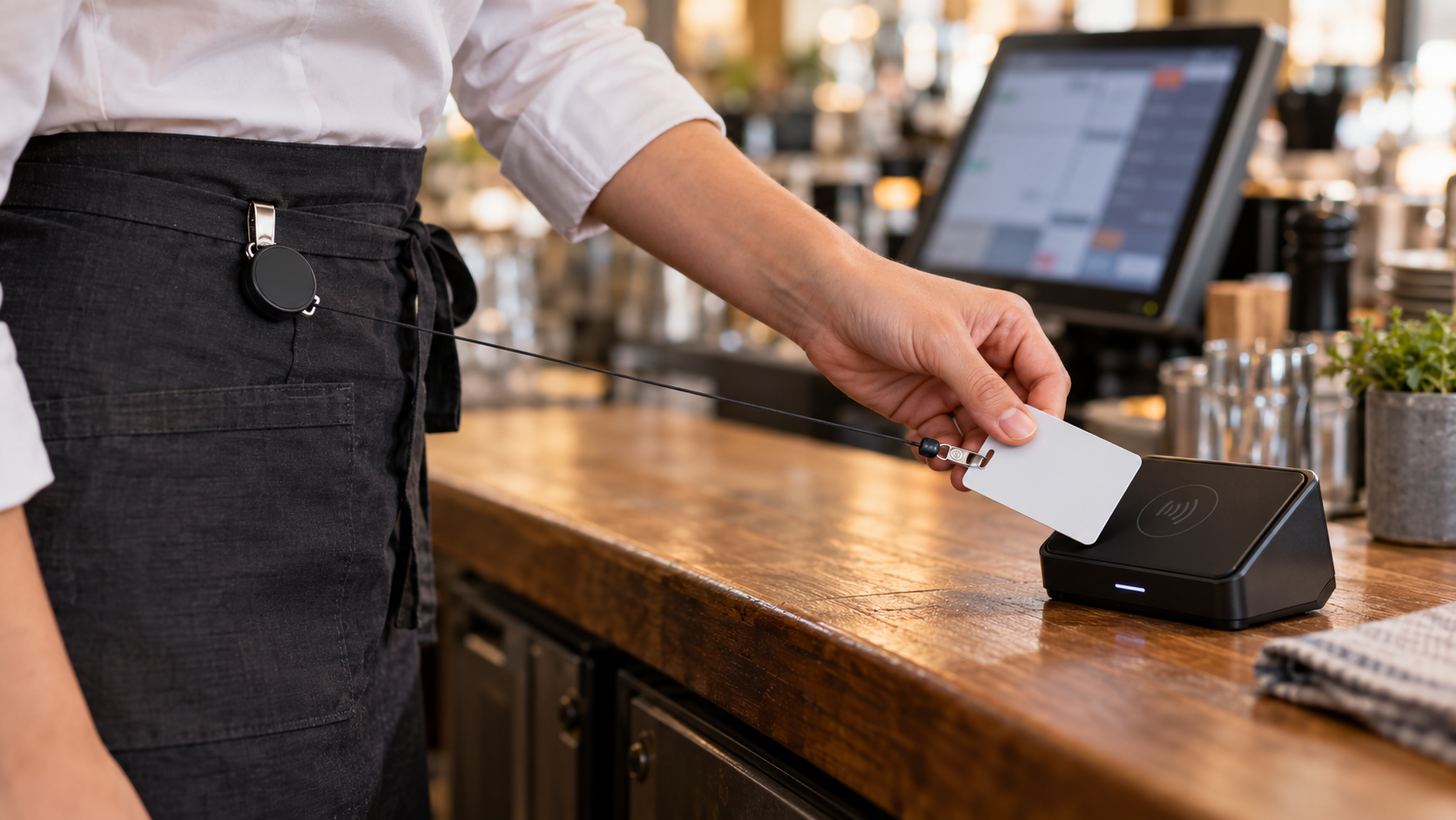 KI-generierte Illustration: Servicekraft hält eine kleine NFC-Karte am Ausweisjojo an einen NFC-Leser am Kassenplatz
