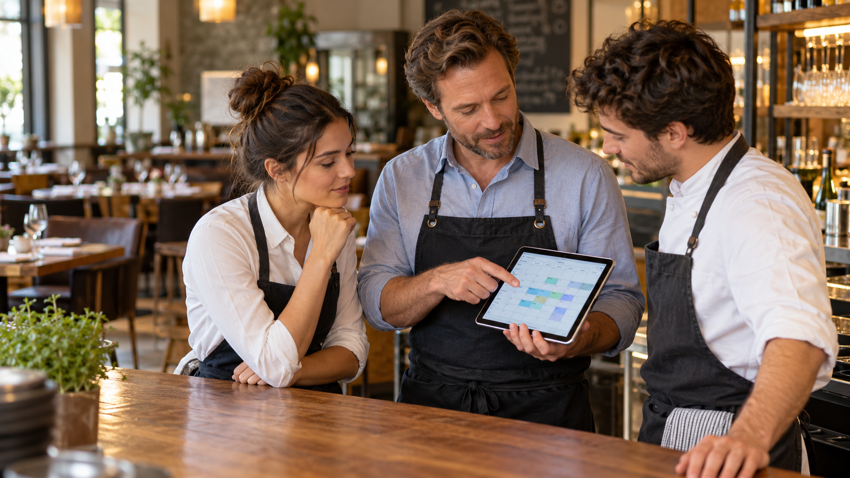 KI-generierte Illustration: Restaurantleitung bespricht mit zwei Servicekräften den Dienstplan auf einem Tablet